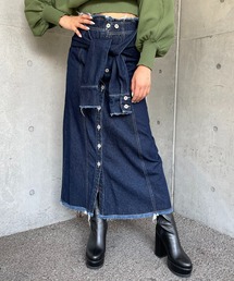 腰巻き風デニムロングスカート