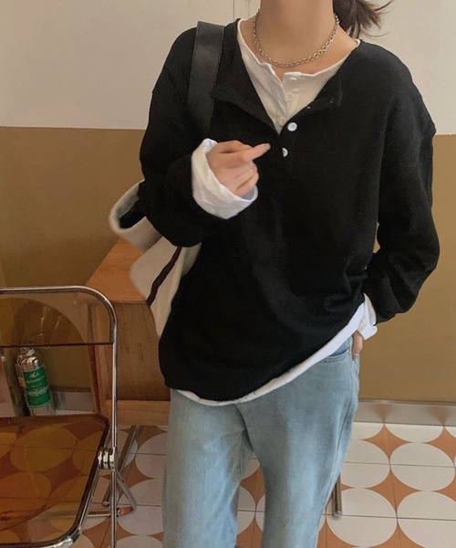 meJane（ミージェーン）の「ヘンリーネックドッキングロングTシャツ（Tシャツ/カットソー・レディース・ブラック/グレー・FREE）」の5枚目の写真