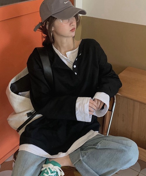 meJane（ミージェーン）の「ヘンリーネックドッキングロングTシャツ（Tシャツ/カットソー・レディース・ブラック/グレー・FREE）」の13枚目の写真