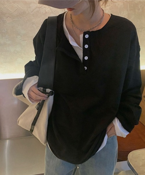 meJane（ミージェーン）の「ヘンリーネックドッキングロングTシャツ（Tシャツ/カットソー・レディース・ブラック/グレー・FREE）」の11枚目の写真