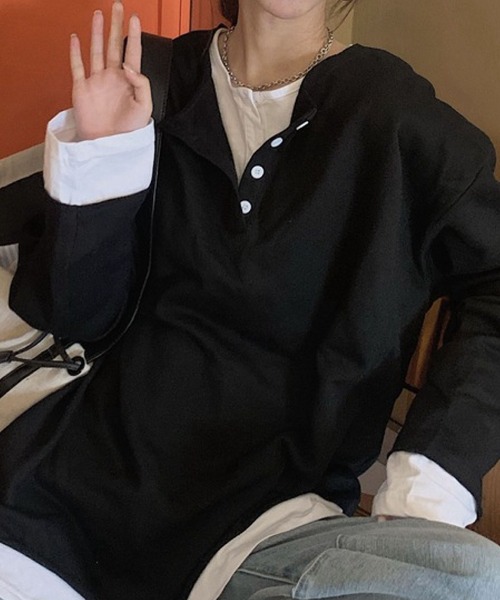 meJane（ミージェーン）の「ヘンリーネックドッキングロングTシャツ（Tシャツ/カットソー・レディース・ブラック/グレー・FREE）」の8枚目の写真