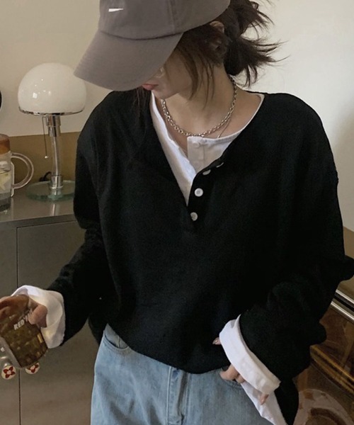 meJane（ミージェーン）の「ヘンリーネックドッキングロングTシャツ（Tシャツ/カットソー・レディース・ブラック/グレー・FREE）」の9枚目の写真