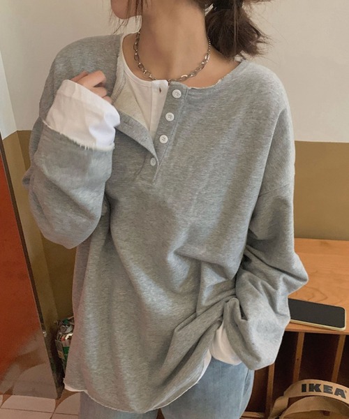 meJane（ミージェーン）の「ヘンリーネックドッキングロングTシャツ（Tシャツ/カットソー・レディース・ブラック/グレー・FREE）」の10枚目の写真