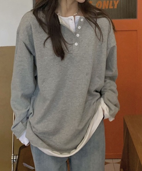 meJane（ミージェーン）の「ヘンリーネックドッキングロングTシャツ（Tシャツ/カットソー・レディース・ブラック/グレー・FREE）」の6枚目の写真