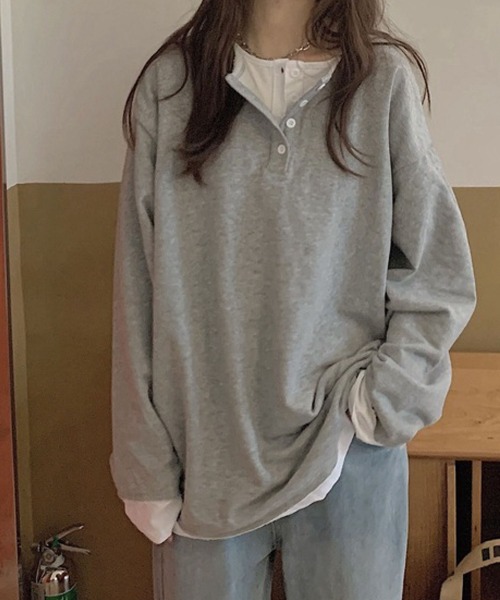 meJane（ミージェーン）の「ヘンリーネックドッキングロングTシャツ（Tシャツ/カットソー・レディース・ブラック/グレー・FREE）」の12枚目の写真