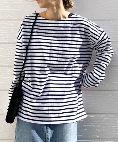 Q(キュー)の「ヘビーウェイトボーダーロンT(Tシャツ/カットソー・レディース・ネイビー系・MEDIUM)」の1枚目の写真