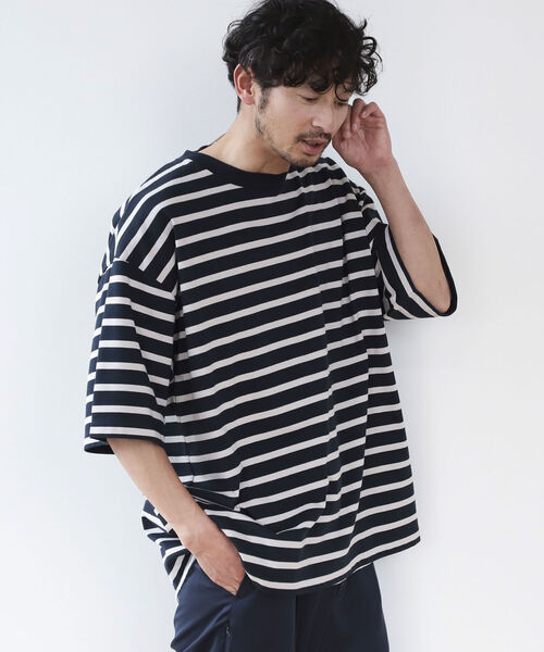 B:MING by BEAMS(ビーミングバイビームス)の「B:MING by BEAMS / ビックシルエット ボーダー 5分袖Tシャツ(Tシャツ/カットソー・メンズ・ベージュ/ネイビー/オフホワイト・SMALL/MEDIUM/LARGE/X-LARGE)」の3枚目の写真