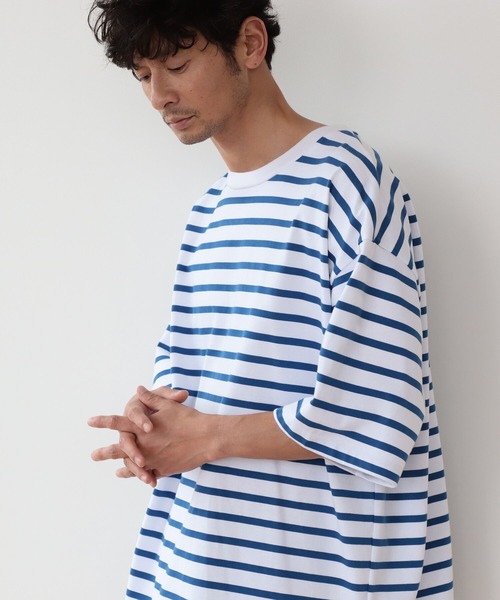 B:MING by BEAMS(ビーミングバイビームス)の「B:MING by BEAMS / ビックシルエット ボーダー 5分袖Tシャツ(Tシャツ/カットソー・メンズ・ベージュ/ネイビー/オフホワイト・SMALL/MEDIUM/LARGE/X-LARGE)」の2枚目の写真