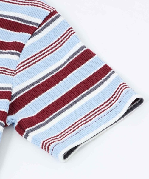 X-girl（エックスガール）の「STRIPED BABY S/S TOP/マルチボーダー　コンパクトTシャツ（Tシャツ/カットソー・レディース・ブラック/ブラウン/バーガンディー・S/M）」の8枚目の写真