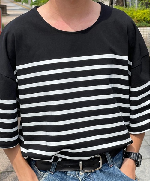 kutir(クティール)の「パネルボーダーバスクシャツ(Tシャツ/カットソー・メンズ・ブラック/オフホワイト/ブルー・MEDIUM/LARGE)」の4枚目の写真