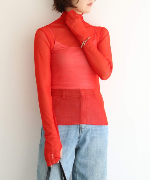 notch.（ノッチ）の「シアーメッシュハイネックトップス（Tシャツ/カットソー・レディース・オレンジ/ブルー/ブラック/ピンク/オフホワイト/グリーン・M）」の6枚目の写真