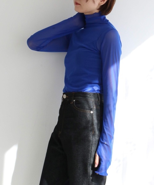 notch.（ノッチ）の「シアーメッシュハイネックトップス（Tシャツ/カットソー・レディース・オレンジ/ブルー/ブラック/ピンク/オフホワイト/グリーン・M）」の4枚目の写真