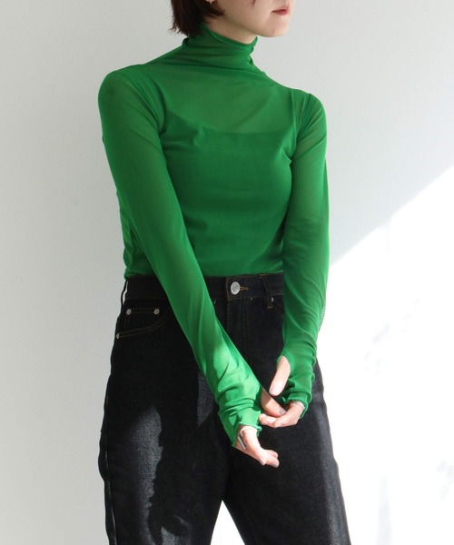 notch.（ノッチ）の「シアーメッシュハイネックトップス（Tシャツ/カットソー・レディース・オレンジ/ブルー/ブラック/ピンク/オフホワイト/グリーン・M）」の3枚目の写真