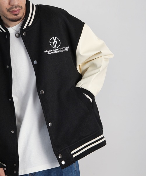 UNCORD（アンコード）の「【UNCORD】 WOOLLIKE FAUX LEATHER SLEEVE STADIUM JACKET / ウールライク レザー 切替 スリーブ スタジャン（スタジャン・メンズ・ブラック×ホワイト/ブラック×ブラック/ブラウン系/ネイビー系/ネイビー系1/チャコールグレー×ブラック・MEDIUM/LARGE/X-LARGE）」の21枚目の写真