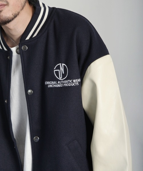 UNCORD（アンコード）の「【UNCORD】 WOOLLIKE FAUX LEATHER SLEEVE STADIUM JACKET / ウールライク レザー 切替 スリーブ スタジャン（スタジャン・メンズ・ブラック×ホワイト/ブラック×ブラック/ブラウン系/ネイビー系/ネイビー系1/チャコールグレー×ブラック・MEDIUM/LARGE/X-LARGE）」の22枚目の写真