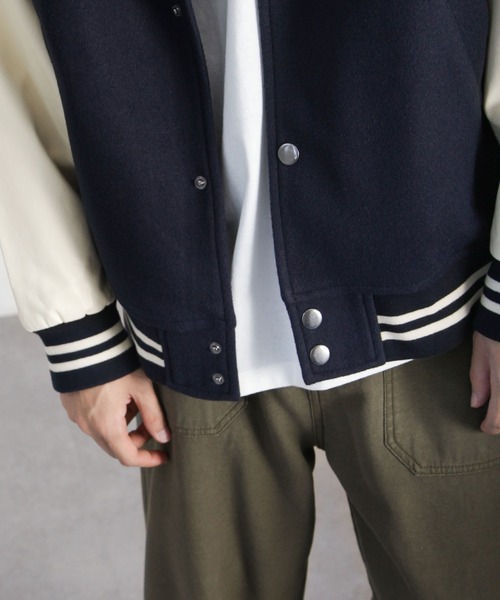 UNCORD（アンコード）の「【UNCORD】 WOOLLIKE FAUX LEATHER SLEEVE STADIUM JACKET / ウールライク レザー 切替 スリーブ スタジャン（スタジャン・メンズ・ブラック×ホワイト/ブラック×ブラック/ブラウン系/ネイビー系/ネイビー系1/チャコールグレー×ブラック・MEDIUM/LARGE/X-LARGE）」の20枚目の写真