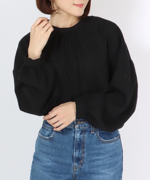 Salong hameu(サロン ハミュー)の「プチハイネックぽわん袖 前後2WAYブラウス レディース/長袖 無地シャツ(シャツ/ブラウス・レディース・オフホワイト/ブラック・M/L)」の1枚目の写真