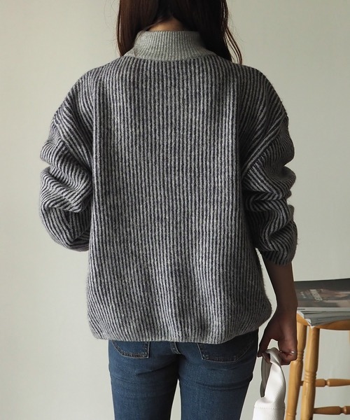 Riberry(リベリー)の「【セットアップ可】ストライプハイネックニットプルオーバー(ニット/セーター・レディース・オフホワイト/イエロー/パープル・MEDIUM)」の5枚目の写真