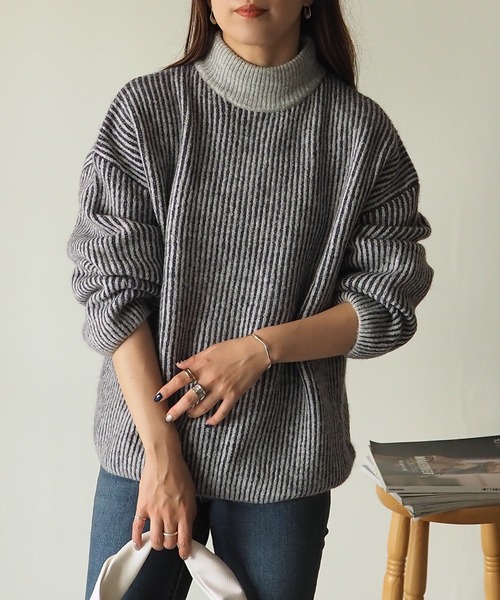 Riberry(リベリー)の「【セットアップ可】ストライプハイネックニットプルオーバー(ニット/セーター・レディース・オフホワイト/イエロー/パープル・MEDIUM)」の20枚目の写真