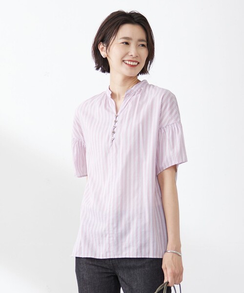J.PRESS(ジェイプレス)の「【洗える】綿キュプラコードストライプ キーネック ブラウス(シャツ/ブラウス・レディース・ブルー系1/ピンク系1/ふじ色系1・9/11)」の3枚目の写真