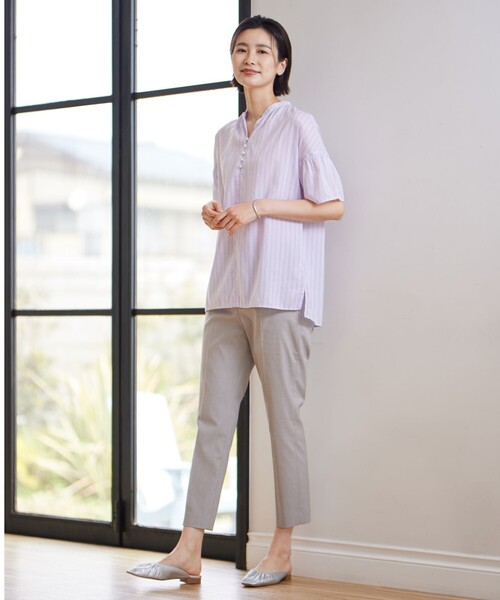 J.PRESS(ジェイプレス)の「【洗える】綿キュプラコードストライプ キーネック ブラウス(シャツ/ブラウス・レディース・ブルー系1/ピンク系1/ふじ色系1・9/11)」の5枚目の写真
