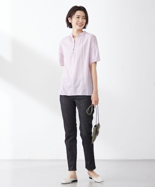 J.PRESS(ジェイプレス)の「【洗える】綿キュプラコードストライプ キーネック ブラウス(シャツ/ブラウス・レディース・ブルー系1/ピンク系1/ふじ色系1・9/11)」の6枚目の写真