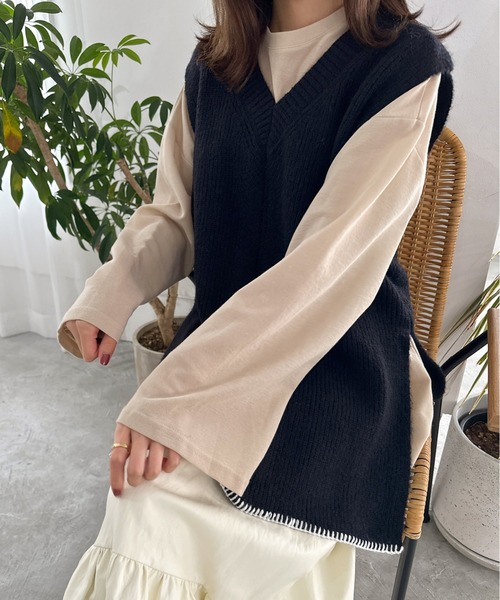 Olu.（オルドット）の「サイドスリットステッチニットベスト（ベスト・レディース・グレー系/ブラック/モカ・FREE）」の6枚目の写真