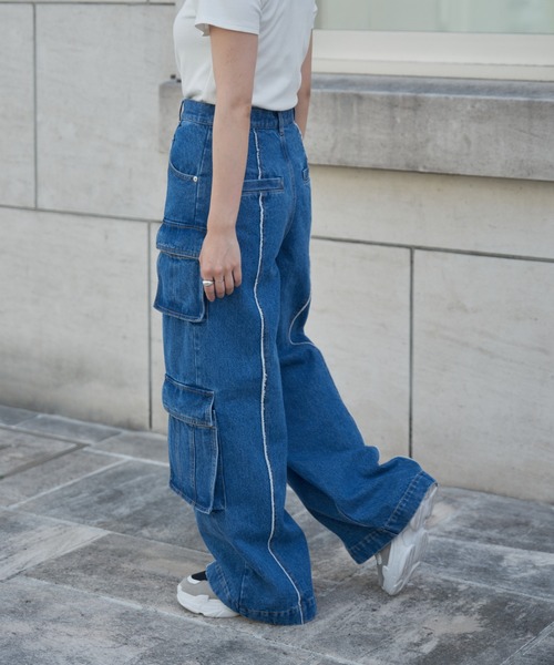 カーゴデニムパンツ　ブルー　1 ワンフォークロージング 1111clothing カーゴパンツ メンズ