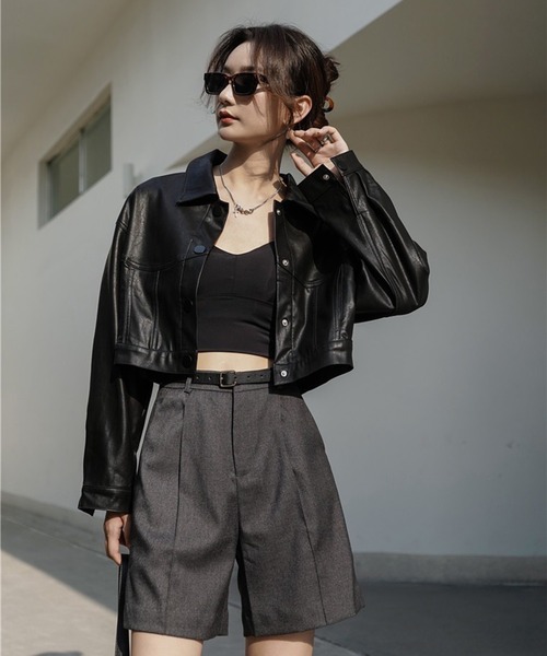 Chick(チック)の「▲SHORT FAKE LEATHER JACKET / ショート丈フェイクレザージャケット(ブルゾン・レディース・ブラック・S/M)」の6枚目の写真