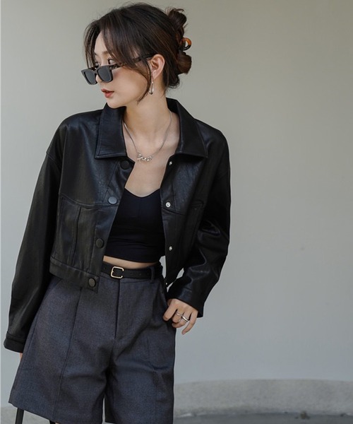 Chick(チック)の「▲SHORT FAKE LEATHER JACKET / ショート丈フェイクレザージャケット(ブルゾン・レディース・ブラック・S/M)」の7枚目の写真