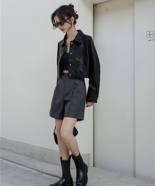 Chick(チック)の「▲SHORT FAKE LEATHER JACKET / ショート丈フェイクレザージャケット(ブルゾン・レディース・ブラック・S/M)」の11枚目の写真