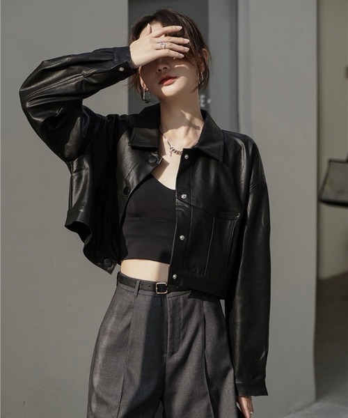 Chick(チック)の「▲SHORT FAKE LEATHER JACKET / ショート丈フェイクレザージャケット(ブルゾン・レディース・ブラック・S/M)」の22枚目の写真