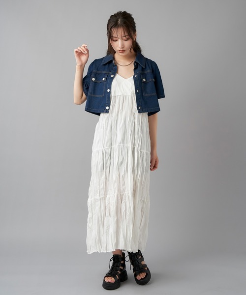 GOLDS♡胸元リボンデザイン♡肩紐ビジュー♡ボウタイドレープ♡キャミトップス SPINNS（スピンズ）の「シワ加工 肩リボンデザインキャミ