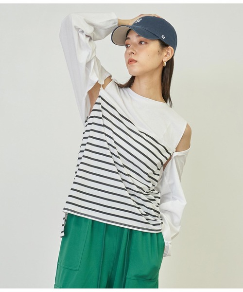 ANAP(アナップ)の「2WAYレイヤードボレロロングTシャツ(Tシャツ/カットソー・レディース・ピンク/ホワイト/ブラック/ホワイト×ブラック・FREE)」の5枚目の写真