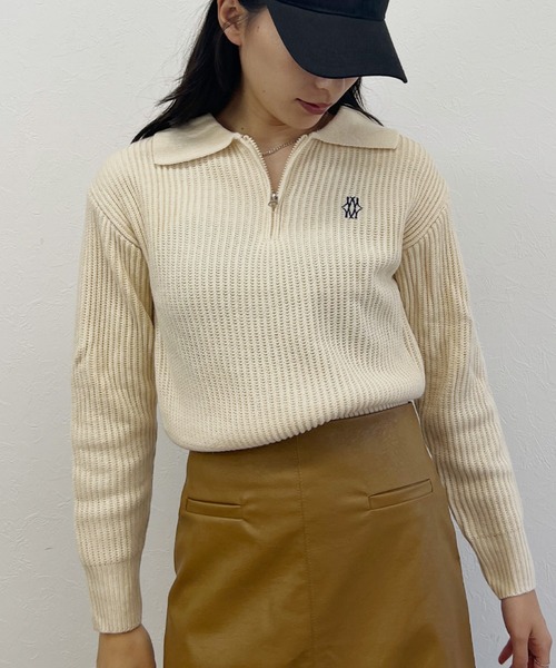 ISOOK(アイスー)の「【ISOOK / アイスー】ハーフジップロゴポロニット / セーター 刺繍 ZOZOTOWN限定(ニット/セーター・レディース・カーキ/アイボリー・FREE)」の1枚目の写真