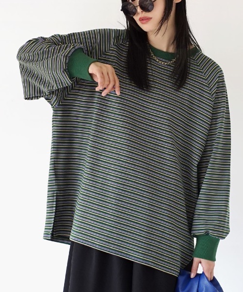 MIMIMEMETE(ミミメメット)の「ボーダーフリース ビッグプルオーバー(Tシャツ/カットソー・レディース・ブラウン/グリーン・フリー)」の2枚目の写真