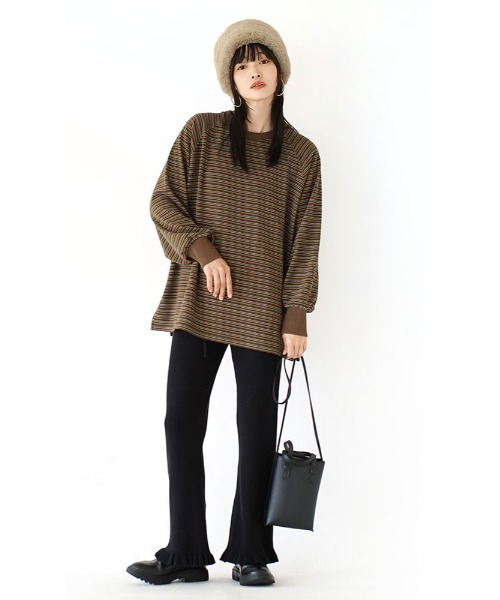 MIMIMEMETE(ミミメメット)の「ボーダーフリース ビッグプルオーバー(Tシャツ/カットソー・レディース・ブラウン/グリーン・フリー)」の3枚目の写真