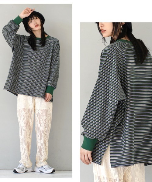 MIMIMEMETE(ミミメメット)の「ボーダーフリース ビッグプルオーバー(Tシャツ/カットソー・レディース・ブラウン/グリーン・フリー)」の9枚目の写真