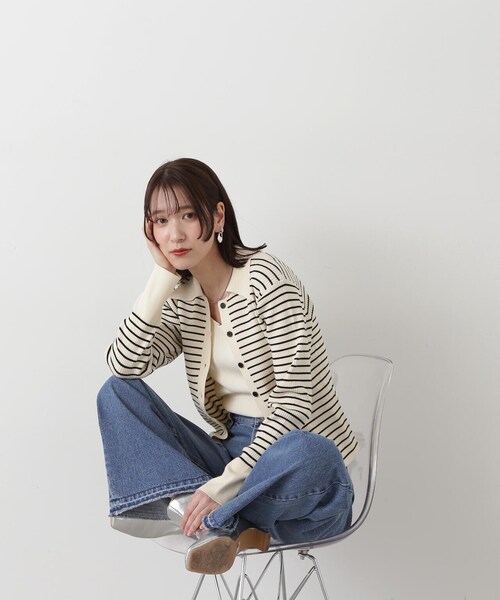 N.(N. Natural Beauty Basic)(エヌエヌナチュラルビューティーベーシック)の「◆襟付きリブカーディガン(カーディガン/ボレロ・レディース・ホワイト×ピンク/ホワイト×ブラック・MEDIUM)」の5枚目の写真