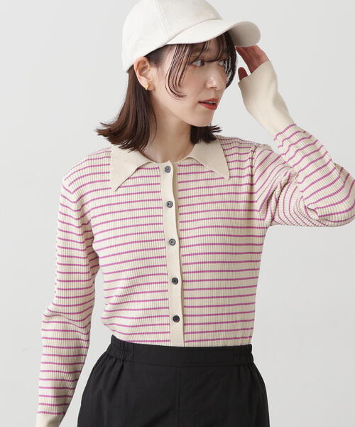 N.(N. Natural Beauty Basic)(エヌエヌナチュラルビューティーベーシック)の「◆襟付きリブカーディガン(カーディガン/ボレロ・レディース・ホワイト×ピンク/ホワイト×ブラック・MEDIUM)」の6枚目の写真