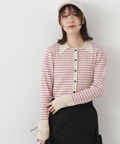 N.(N. Natural Beauty Basic)(エヌエヌナチュラルビューティーベーシック)の「◆襟付きリブカーディガン(カーディガン/ボレロ・レディース・ホワイト×ピンク/ホワイト×ブラック・MEDIUM)」の8枚目の写真