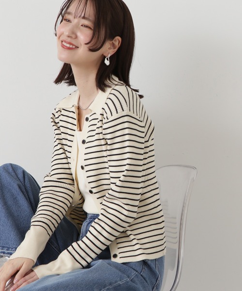 N.(N. Natural Beauty Basic)(エヌエヌナチュラルビューティーベーシック)の「◆襟付きリブカーディガン(カーディガン/ボレロ・レディース・ホワイト×ピンク/ホワイト×ブラック・MEDIUM)」の2枚目の写真