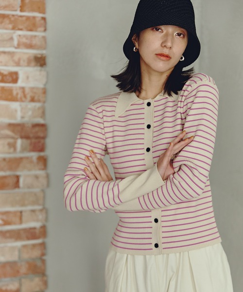 N.(N. Natural Beauty Basic)(エヌエヌナチュラルビューティーベーシック)の「◆襟付きリブカーディガン(カーディガン/ボレロ・レディース・ホワイト×ピンク/ホワイト×ブラック・MEDIUM)」の1枚目の写真