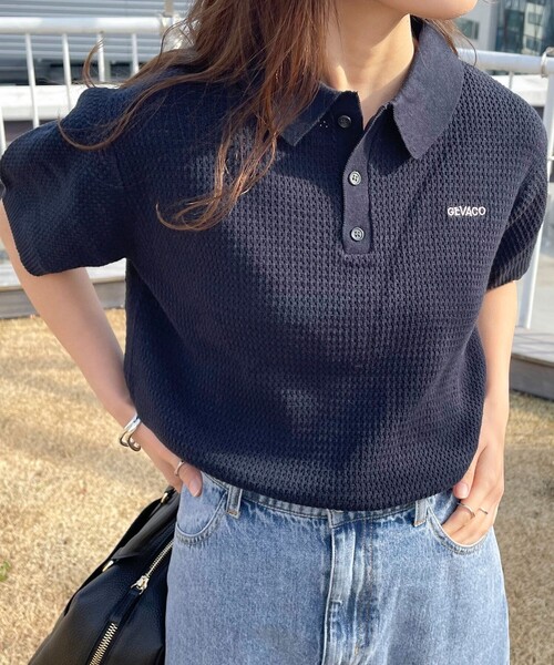 fredy emue（フレディエミュ）の「【GEVACO】コットンすかし編みニットポロシャツ（ニット/セーター・レディース・ミント/ネイビー/グレイッシュベージュ/アイボリー・38）」の4枚目の写真