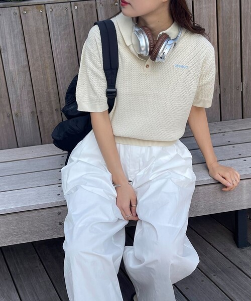 fredy emue（フレディエミュ）の「【GEVACO】コットンすかし編みニットポロシャツ（ニット/セーター・レディース・ミント/ネイビー/グレイッシュベージュ/アイボリー・38）」の12枚目の写真