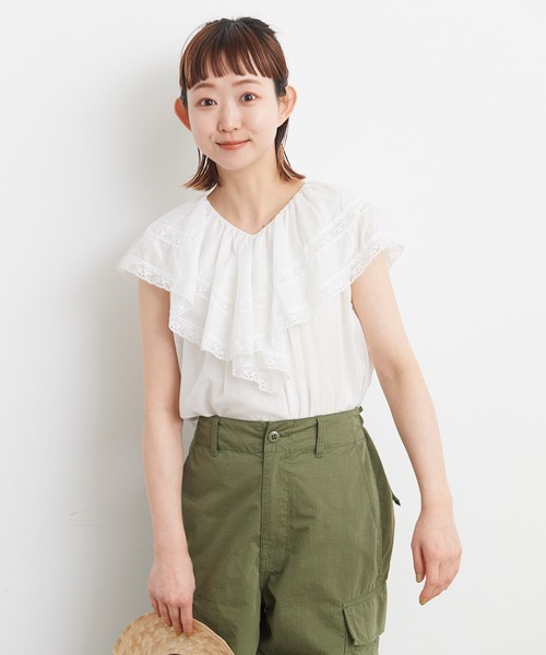 セール】☆80ボイルレース ケープカラーノースリーブブラウス