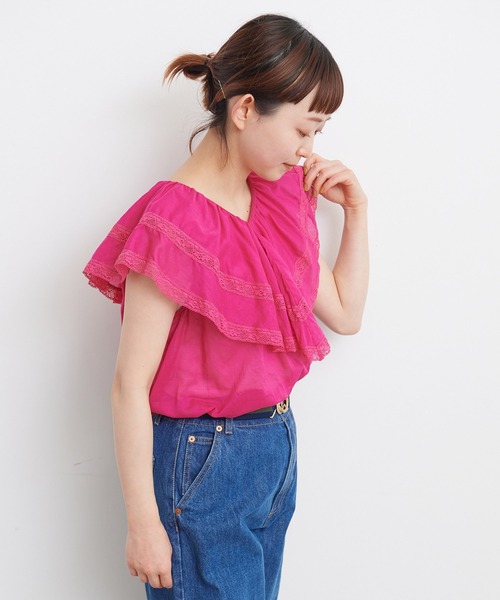 Dot＆Stripes CHILD WOMAN（ドットアンドストライプス　チャイルドウーマン）の「☆80ボイルレース ケープカラーノースリーブブラウス（シャツ/ブラウス・レディース・ホワイト/ピンク/ブラック・FREE）」の6枚目の写真