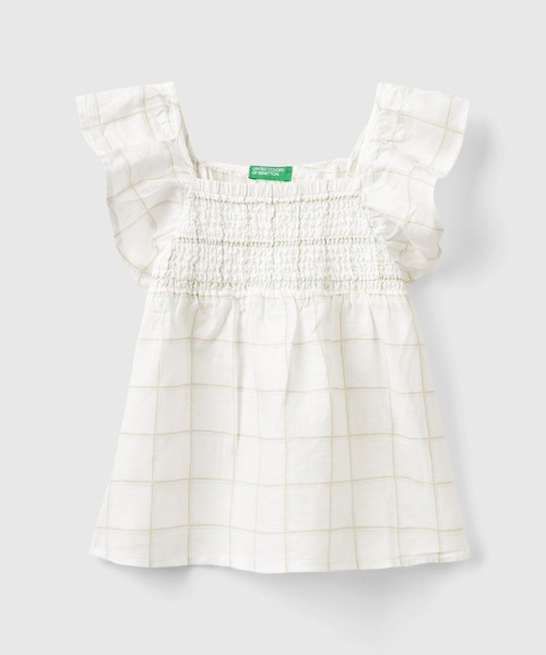 BENETTON (UNITED COLORS OF BENETTON)（ベネトンユナイテッドカラーズオブベネトン）の「キッズリネンコットンフリル袖総柄ブラウストップス・シャツG（シャツ/ブラウス・キッズ・ミント/ピンク/オフホワイト・SMALL/MEDIUM/LARGE/X-LARGE）」の2枚目の写真