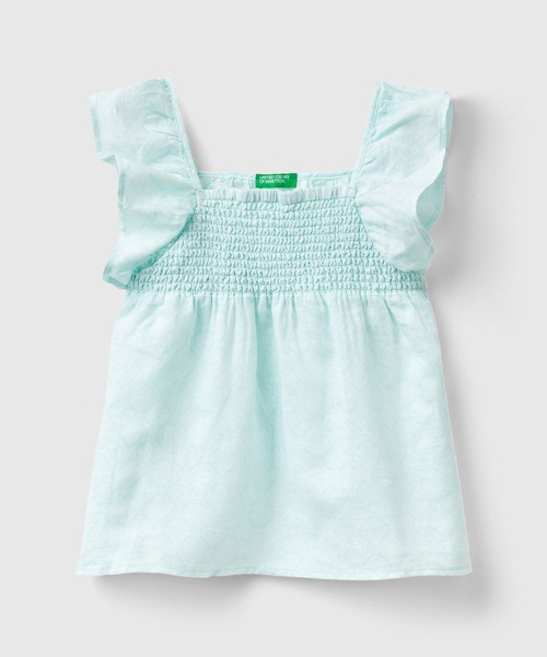 BENETTON (UNITED COLORS OF BENETTON)（ベネトンユナイテッドカラーズオブベネトン）の「キッズリネンコットンフリル袖総柄ブラウストップス・シャツG（シャツ/ブラウス・キッズ・ミント/ピンク/オフホワイト・SMALL/MEDIUM/LARGE/X-LARGE）」の3枚目の写真