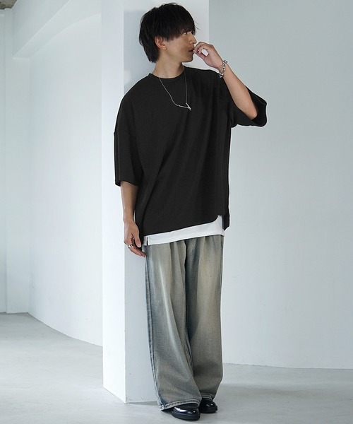 MinoriTY（マイノリティ）の「【MinoriTY】梨地ビッグドルマンスリットトレーナー Tシャツ 半袖カットソー メンズ 秋服 スウェット ビッグシルエット ルーズフィット オーバーサイズ 半袖Tシャツ プルオーバー 夏服（Tシャツ/カットソー・メンズ・ブルー/ブラック/オリーブ/ピンク/ライトグレー/サンドベージュ/チャコール・S/M/L）」の20枚目の写真